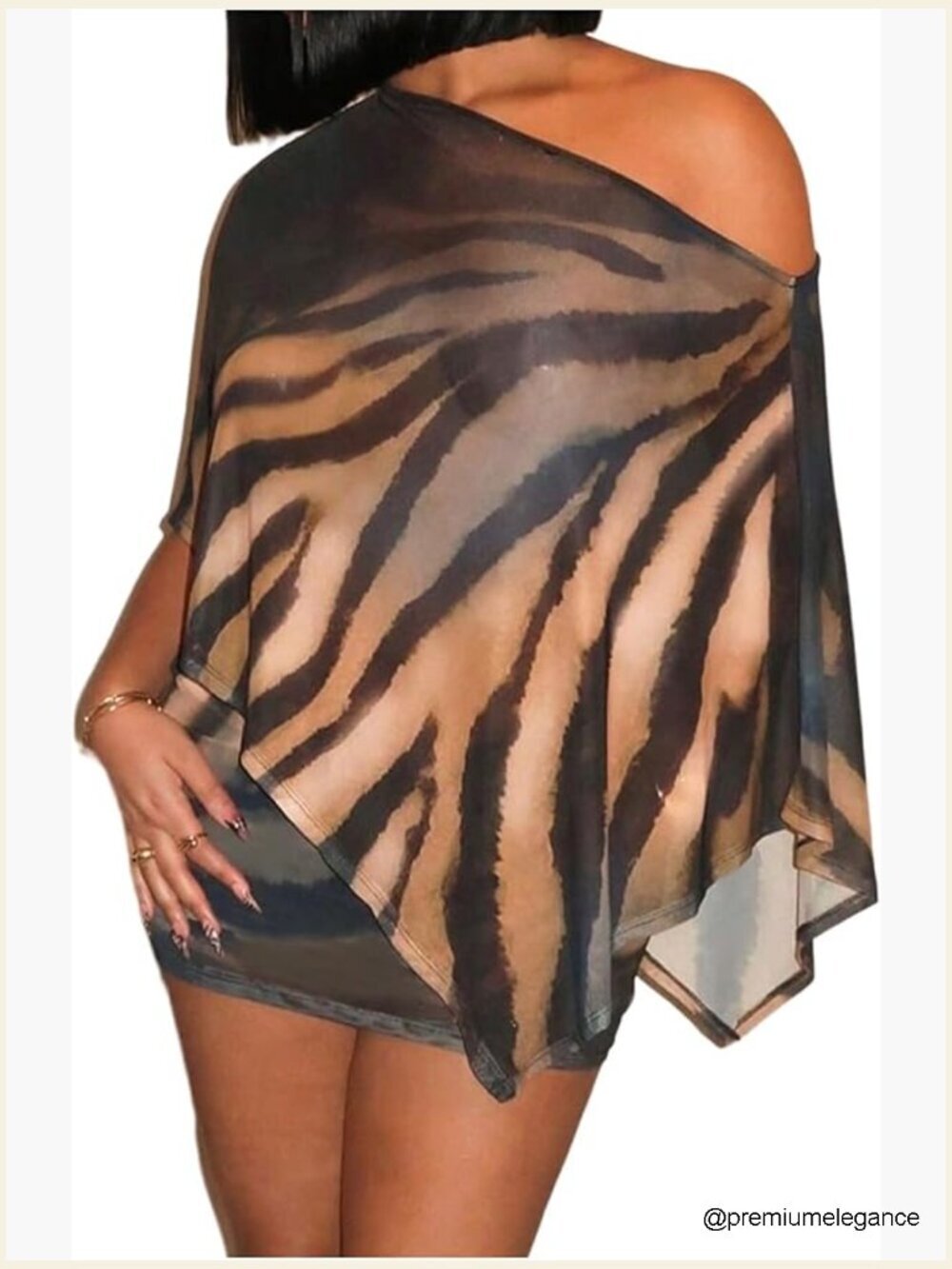 2pc Rave Outfit Poncho & Skirt Set 3/4 Sleeve Animal Print